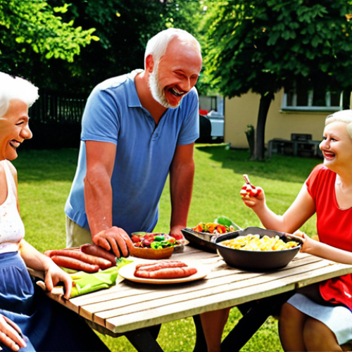 **

Prompt: A group of Polish neighbors gathered around a picnic table in a communal garden, smiling and laughing. Some are tending to flower beds, others are grilling kielbasa. Sun shining, vibrant colors, happy atmosphere, classic Polish neighborhood integration. Focus on community spirit and the joy of shared space.

**