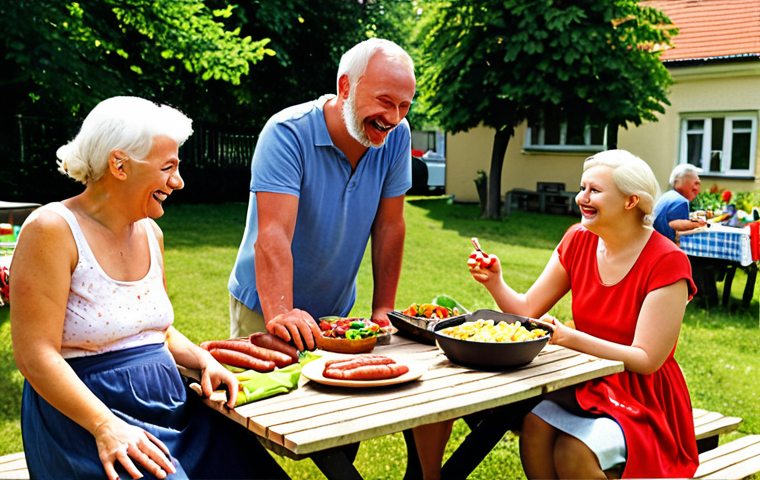 **
Prompt: A group of Polish neighbors gathered around a picnic table in a communal garden, smiling and laughing. Some are tending to flower beds, others are grilling kielbasa. Sun shining, vibrant colors, happy atmosphere, classic Polish neighborhood integration. Focus on community spirit and the joy of shared space.
**