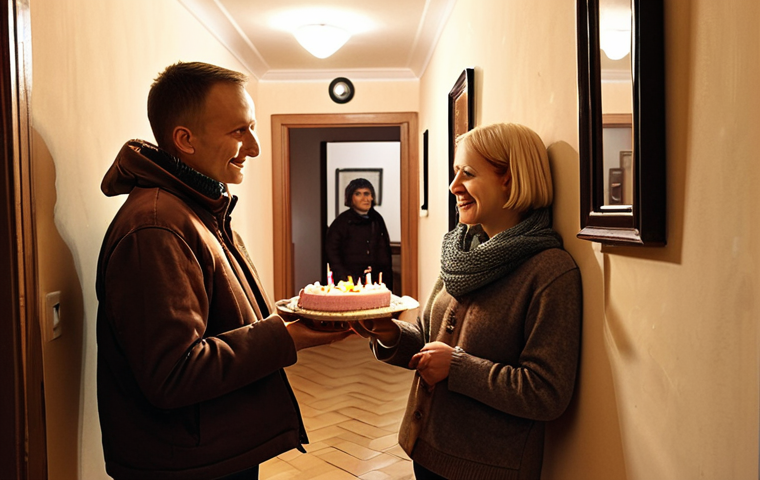 **
A cozy apartment block hallway in Poland. Neighbors chatting casually, one neighbor (Pani Halinka) handing another a cake. Emphasize the sense of community despite the close living quarters. Warm, inviting lighting. Consider elements of Polish culture subtly included.
**